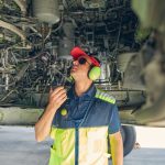 Qualified aviation mechanicinspecting the airplane